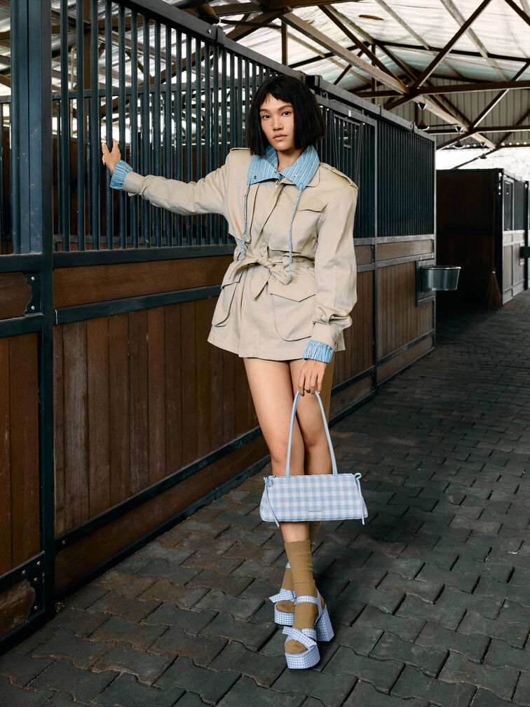 Anika Gingham Knot-Bow Platform Sandals, Light Blue, hi-res