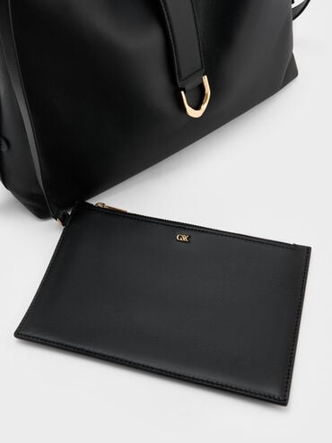 Gabine Leather Belted Hobo Bag, Black, hi-res