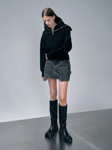 Ruched Knee-High Boots, Black, hi-res