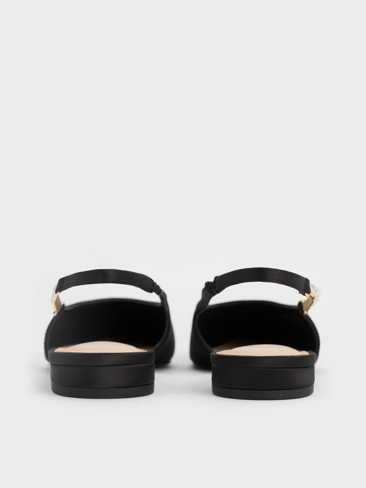 Satin Crystal-Embellished Strap Slingback Flats, Black Textured, hi-res