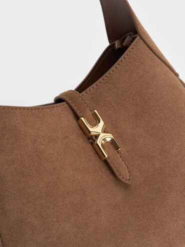 Mini Adalyn Recycled Suede Metallic-Buckle Belted Hobo Bag, Mocha Brown, hi-res