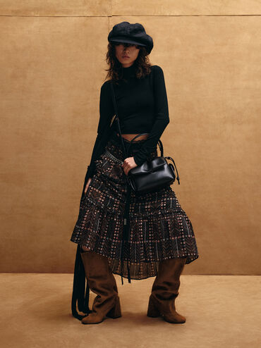 Robbie Faux Suede Side-Buckle Block-Heel Knee-High Boots, Brown, hi-res