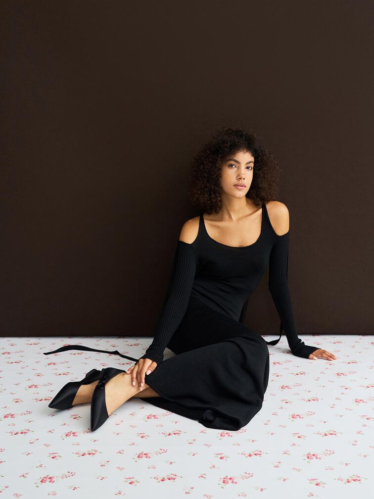 Satin Bow Pointed-Toe Flats, Black Textured, hi-res