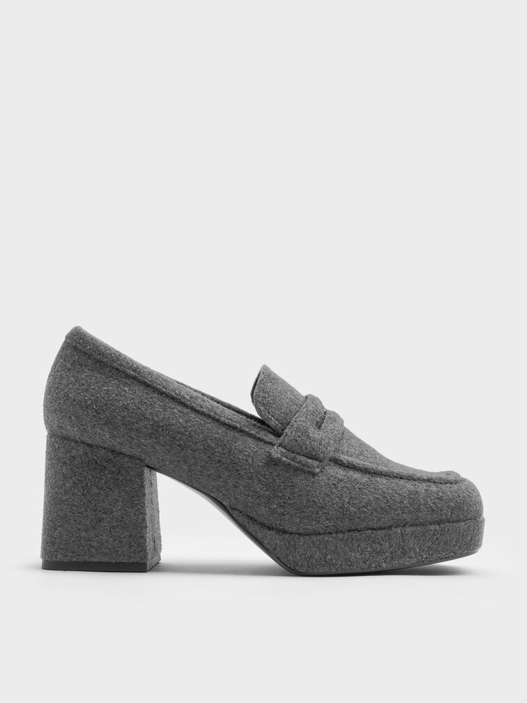 Felt Platform Block-Heel Loafer Pumps, Grey, hi-res