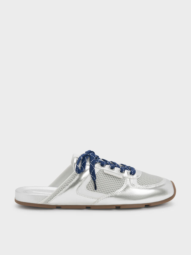 Metallic Mesh Lace-Up Sneaker Mules, Silver, hi-res
