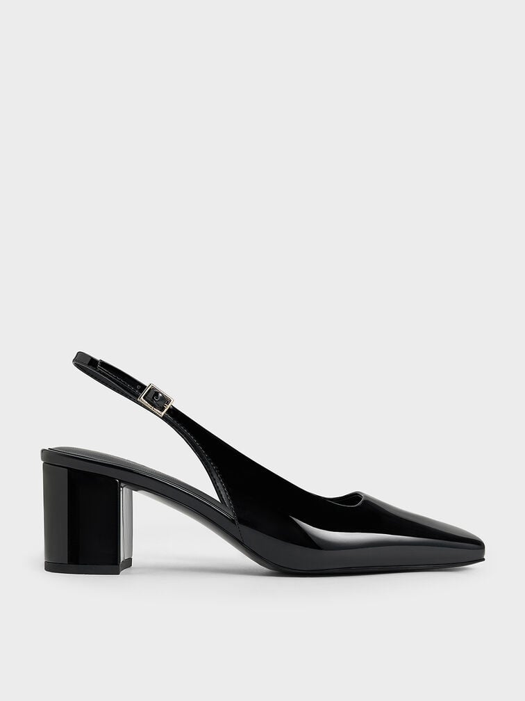 Patent Square-Toe Slingback Pumps, Black Patent, hi-res