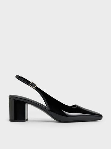 Patent Square-Toe Slingback Pumps, Black Patent, hi-res