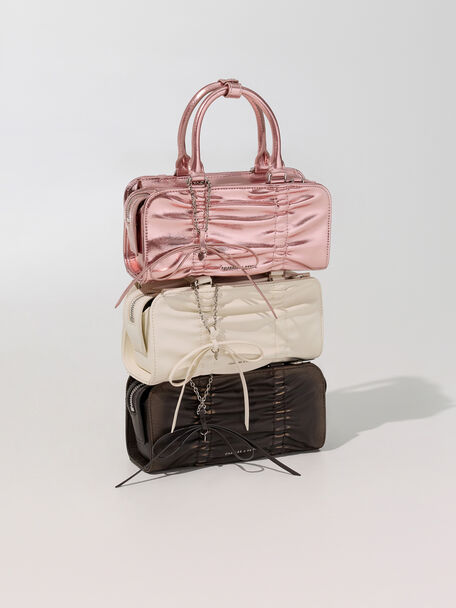 Kadee Ruched Bow-Charm Bowling Bag, Burnished Brown, hi-res