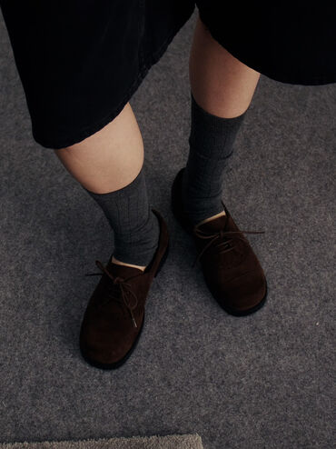 Faux Suede Brogue Derbys, Dark Brown Textured, hi-res