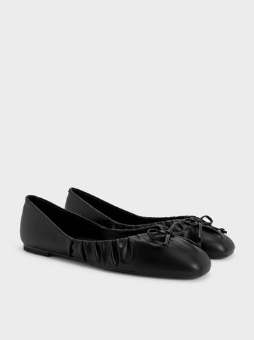 Ruched Bow Ballet Flats, Black, hi-res
