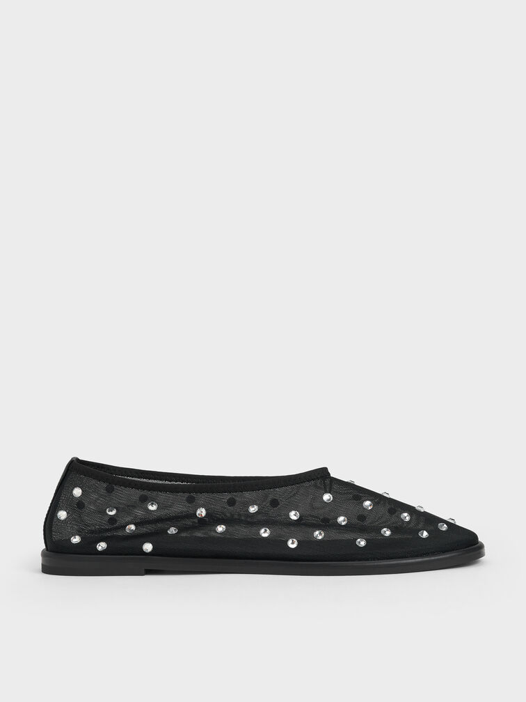 Mesh Gem-Embellished Ballet Flats, Black Textured, hi-res