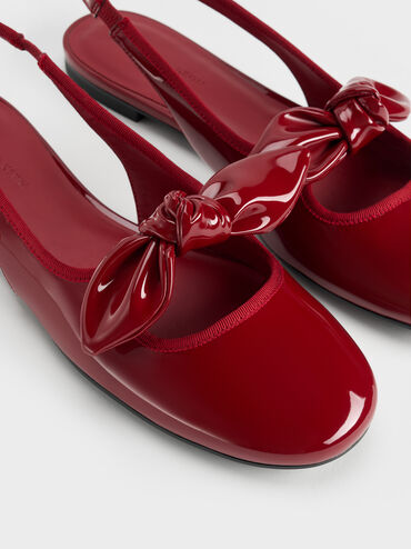 Patent Knot-Bow Slingback Flats, Red, hi-res