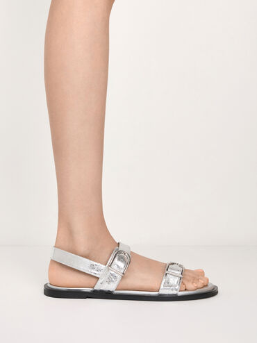 Metallic Double-Strap Slingback Sandals, Silver, hi-res