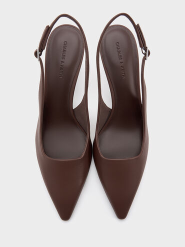 Pointed-Toe Kitten-Heel Slingback Pumps, Dark Brown, hi-res