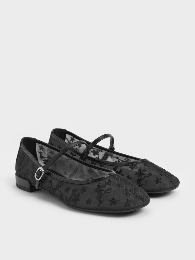 Gertrude Embroidered-Mesh Mary Janes, Black2, hi-res