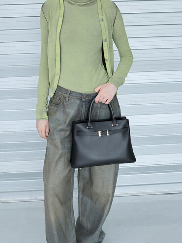 Voyager Leather Belted Trapeze Tote Bag, Black, hi-res