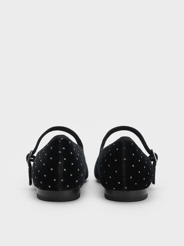 Carmel Velvet Dotted Buckled Mary Jane Flats, Black Textured, hi-res