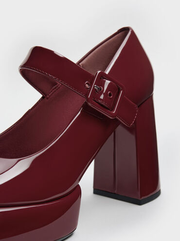 Patent Block-Heel Platform Mary Jane Pumps, Burgundy, hi-res