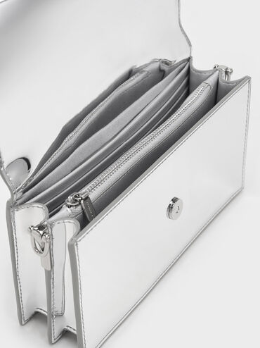 Kristine Metallic Sculptural-Handle Long Wallet, Silver, hi-res