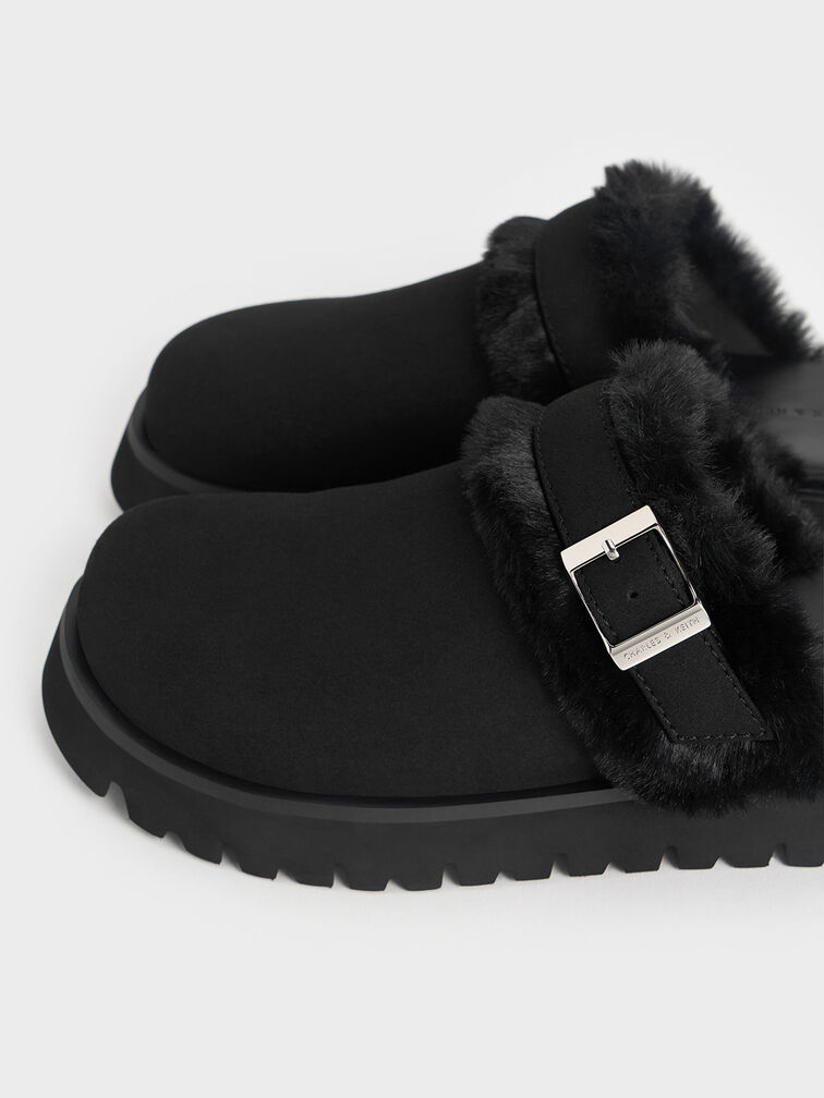 Hannah Textured Fur-Trim Buckled Mules, Black, hi-res