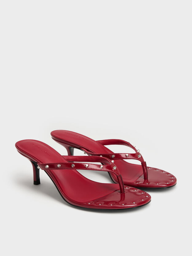 Briella Studded Heeled Thong Sandals, Red, hi-res