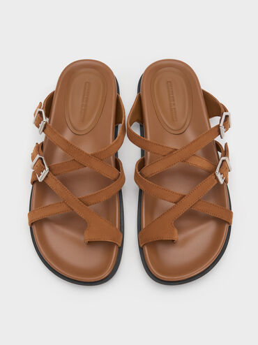 Faux Suede Crossover Toe-Ring Sandals, Cognac, hi-res