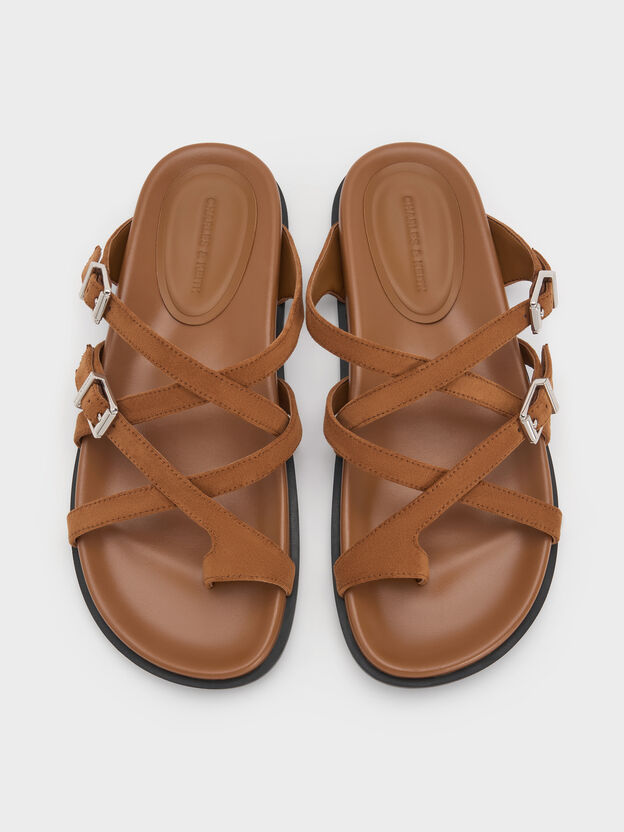 Faux Suede Crossover Toe-Ring Sandals, Cognac, hi-res