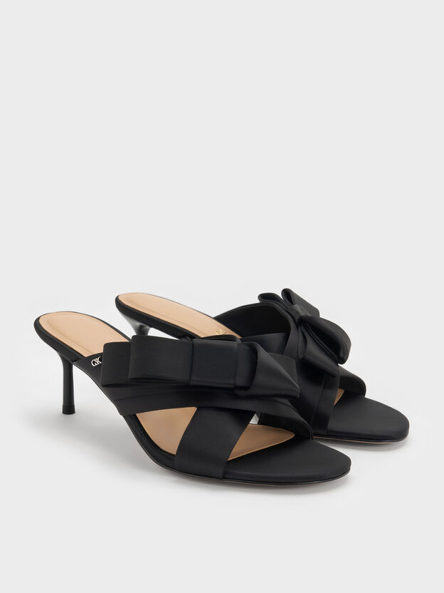 Pleated-Bow Heeled Mules, Black Textured, hi-res