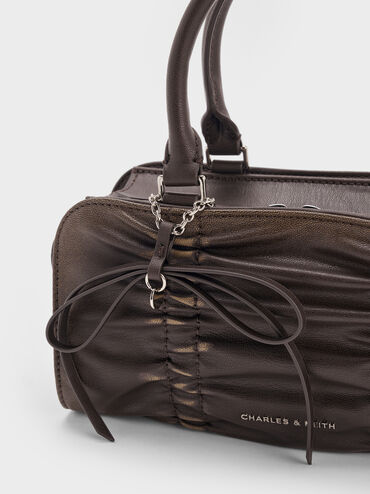 Kadee Ruched Bow-Charm Bowling Bag, Burnished Brown, hi-res