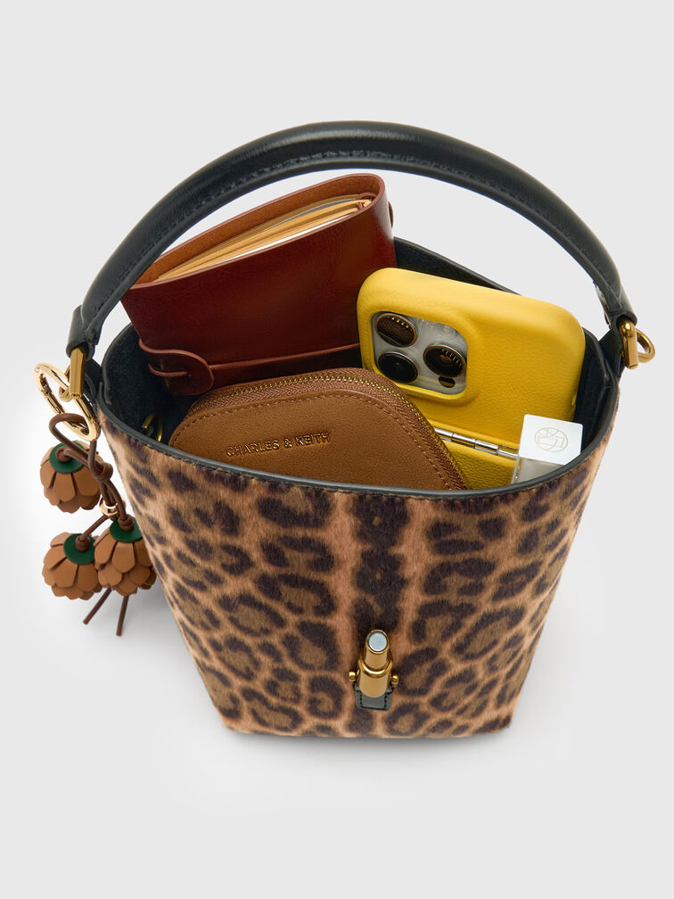 Cesia Leopard-Print Metallic-Accent Bucket Bag, Multi, hi-res