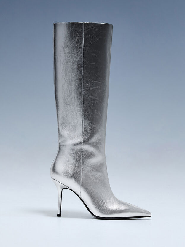 Metallic Pointed Stiletto Knee-High Boots, Silver, hi-res