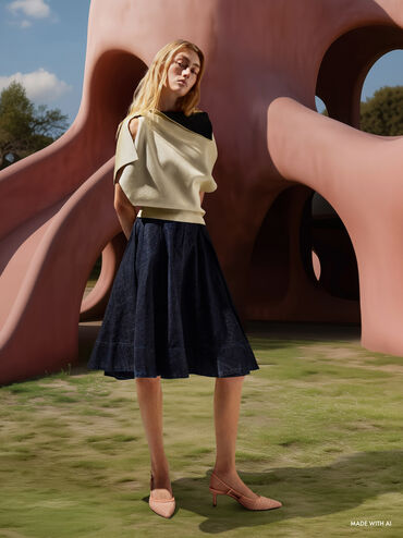 Raffia Pointed-Toe Slingback Pumps, Peach, hi-res