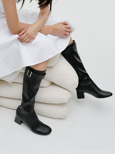 Gerry Buckled Block-Heel Knee-High Boots, Black, hi-res