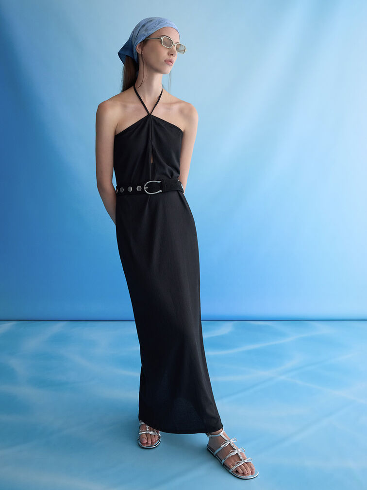 Metallic Gem-Embellished Bow T-Bar Sandals, Silver, hi-res