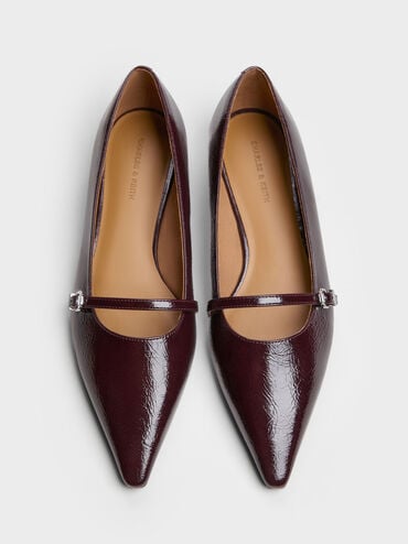 Crinkle-Effect Pointed Ballet Flats, Burgundy, hi-res