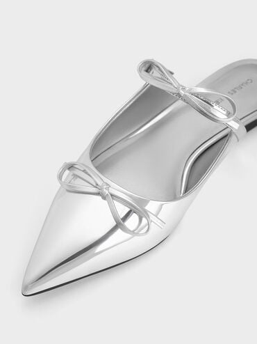 Metallic Double-Bow Pointed-Toe Mules, Silver, hi-res