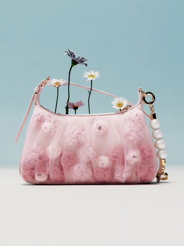 Gift Set: Floral-Mesh Pearl-Strap Shoulder Bag, Light Pink, hi-res
