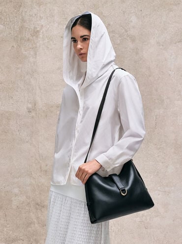 Gabine Leather Belted Hobo Bag, Black, hi-res