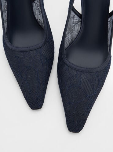 Lace & Satin Slingback Pumps, Dark Blue, hi-res