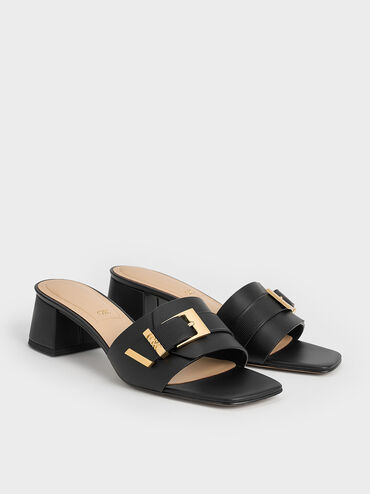 Whitney Leather Buckled Block-Heel Mules, Black, hi-res