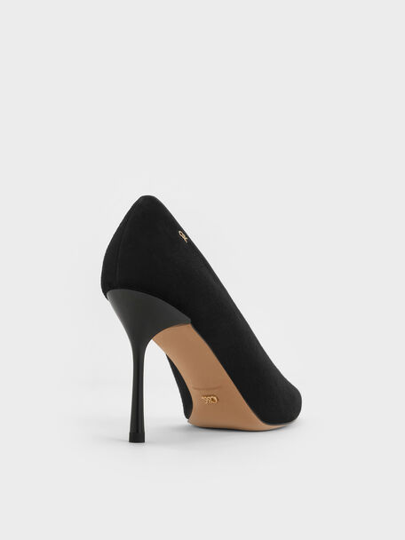 Leather & Suede Pointed Pumps, Black Textured, hi-res
