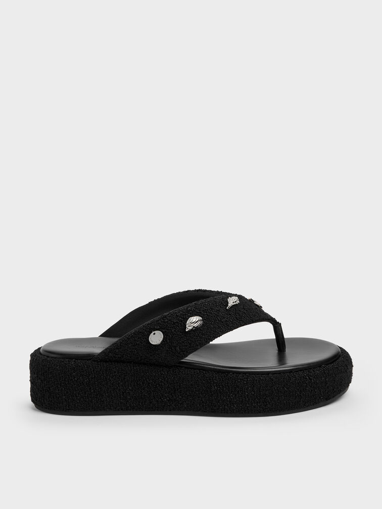 Tweed Beach Flatform Thong Sandals, Black Textured, hi-res