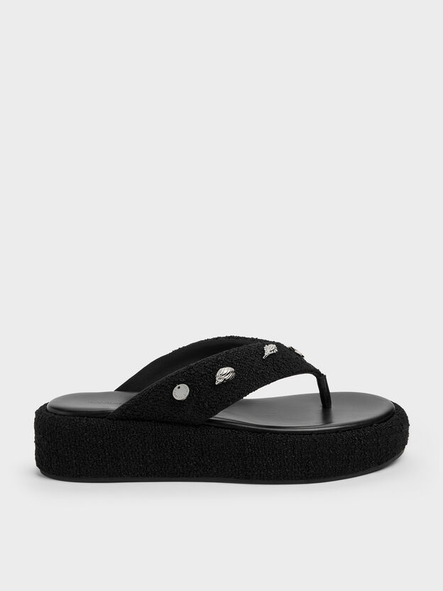 Tweed Beach Flatform Thong Sandals, Black Textured, hi-res