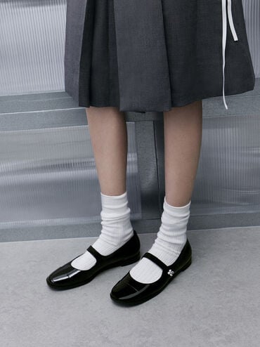 Patent Pearl-Embellished Flower-Buckle Cap-Toe Mary Janes, Black Patent, hi-res