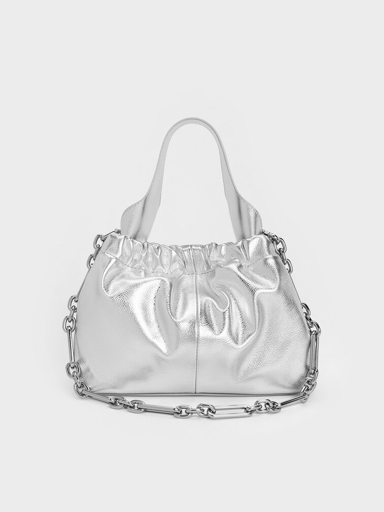 Ally Ruched Slouchy Chain-Handle Bag, Silver, hi-res