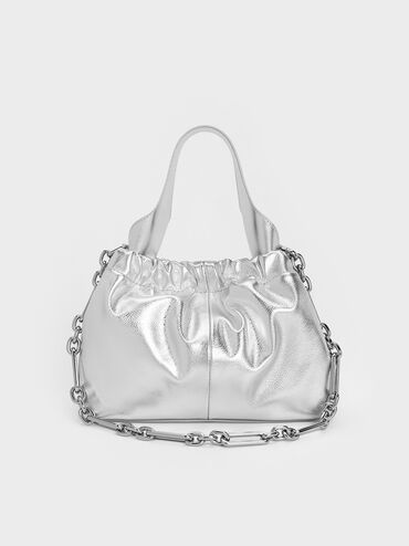 Ally Ruched Slouchy Chain-Handle Bag, Silver, hi-res