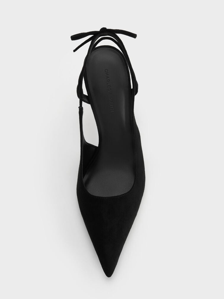 Faux Suede Back-Bow Slingback Pumps, Black Textured, hi-res
