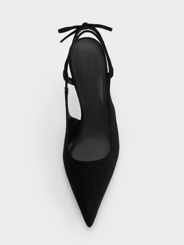 Faux Suede Back-Bow Slingback Pumps, Black Textured, hi-res