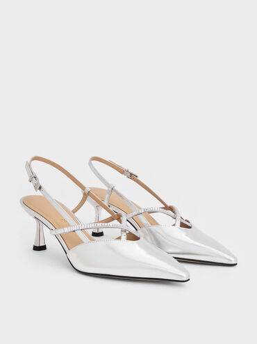 Metallic Leather & Satin Crystal-Embellished Slingback Pumps, Silver, hi-res