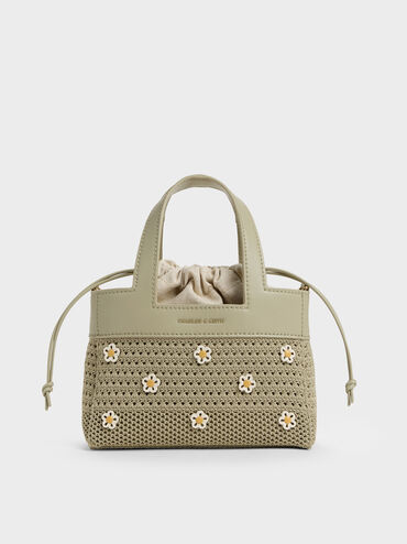 Girls' Ida Flower Knitted Mini Bag, Pale Olive, hi-res